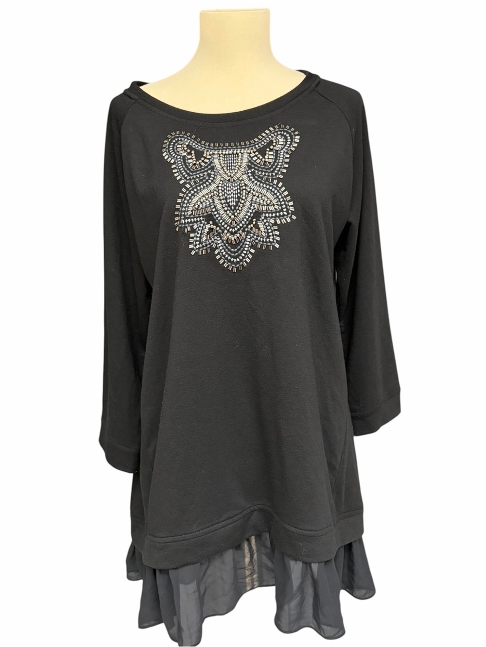 LOGO Lavish Lori Goldstein Black Beaded Chiffon Hem Tunic Top M NWOT